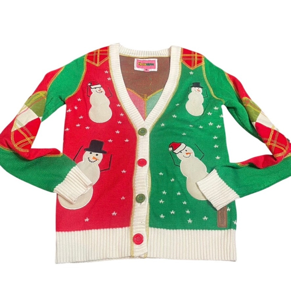 Tipsy Elves Womens Snowman Ugly Christmas Sweater Cardigan Red Green Small